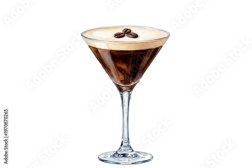 isolated watercolor illustration of a classic espresso martini cocktail with coffee beans on a transparent background