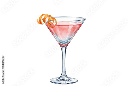 isolated watercolor illustration of a pink cosmopolitan cocktail with an orange twist on a transparent background