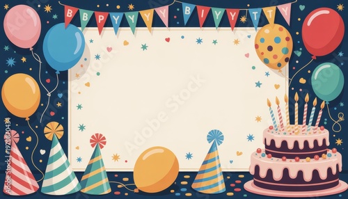 Birthday celebration creating festive frame with party elements