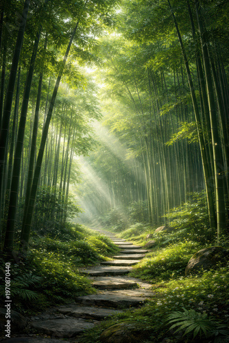 A serene bamboo forest with sunlight filtering through the trees.