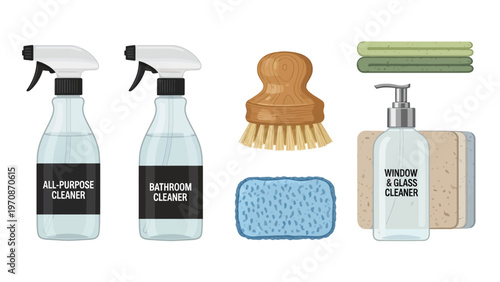 A comprehensive set of home cleaning supplies for maintaining a pristine and hygienic living space, featuring various sprays, brushes, sponges, and towels