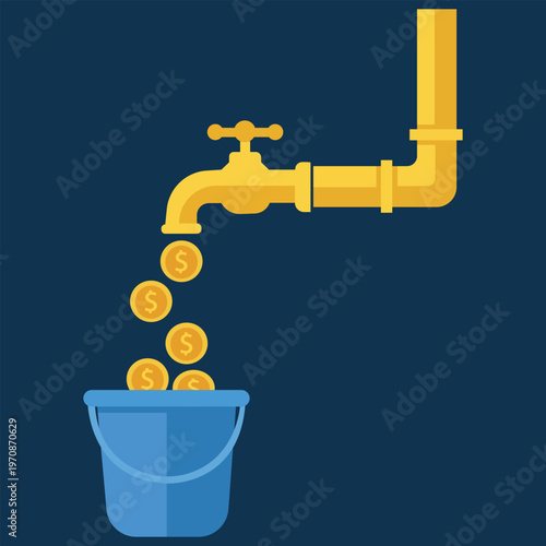 Financial Flow Illustration: A conceptual image depicting a continuous stream of currency coins pouring from a faucet into a bucket, symbolizing financial growth and opportunity.