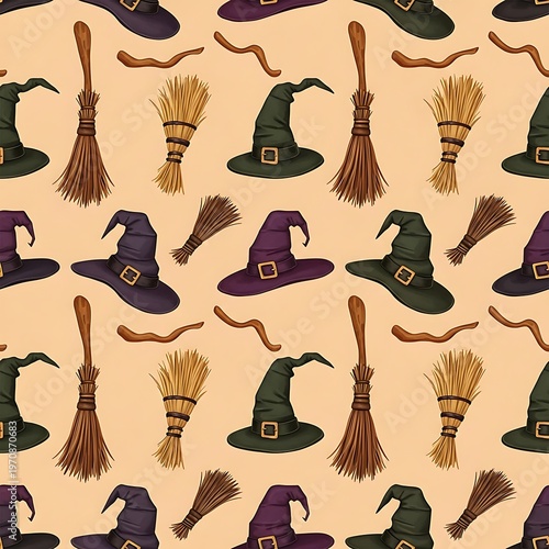 Halloween Witch Hats and Brooms Pattern on Beige Background