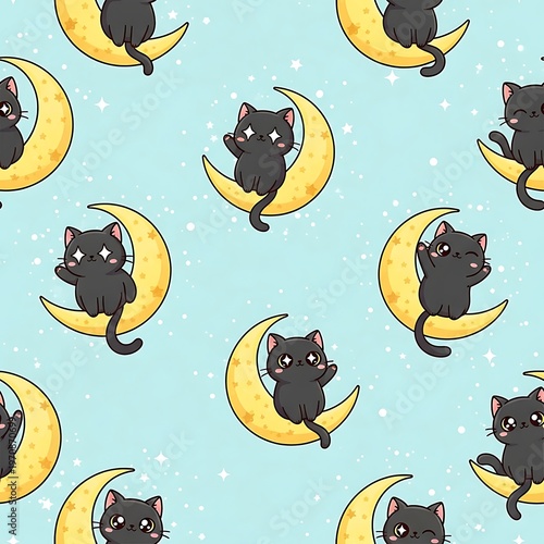 Whimsical black cats on crescent moons against light blue background with stars