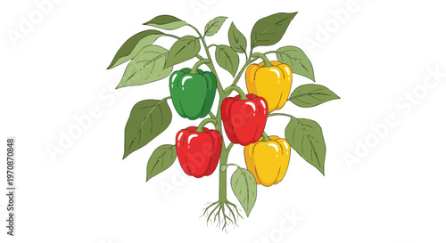 Illustration of a Bell Pepper Plant with Colorful Ripe Peppers