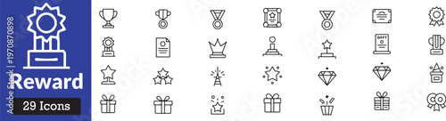 Set of black line art icons representing various achievements awards trophies and gift packages.eps