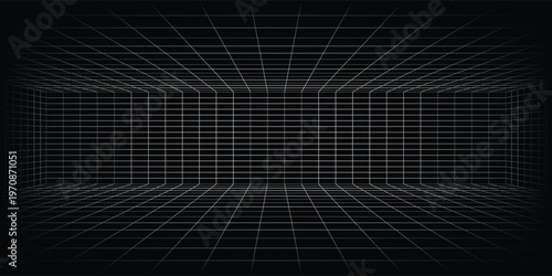 Futuristic perspective grid box. Abstract wireframe with white grid line on black background. Virtual reality landscape in 80s 90s digital style. Vector