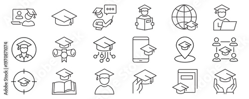 Graduation hat icon set. Contain icons related to graduation hat, academic cap, education, degree, diploma, and more. outline icons collection. Editable stroke. Vector illustrator.
