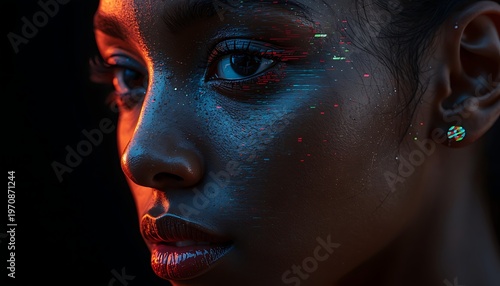 Captivating Portrait of a Young Woman with a Reflective Gaze, Her Face Illuminated by Vibrant Cyber-Neon Light and Sparkling Digital Dust, Symbolizing Future Aesthetics