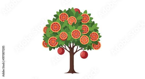 Stylized Orange Tree Illustration with Sliced Citrus Fruits