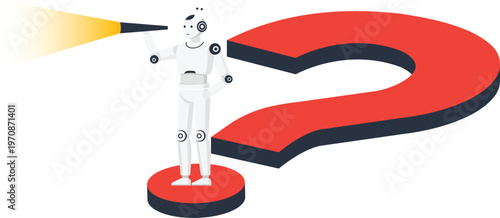 White robot searching question mark symbol artificial intelligence future technology problem solving isometric illustration data analysis finding answers digital discovery