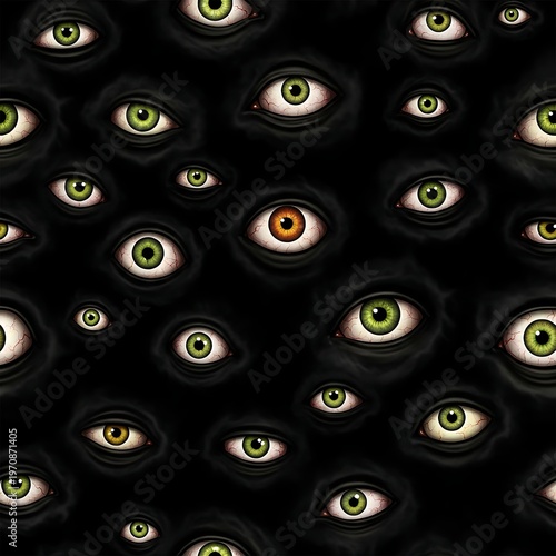 Multiple green eyes pattern on black background with unique orange eye
