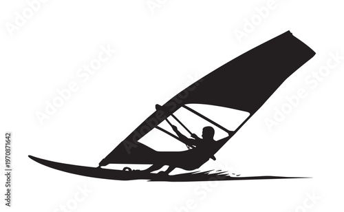 Silhouette of a person windsurfing on water with a large sail