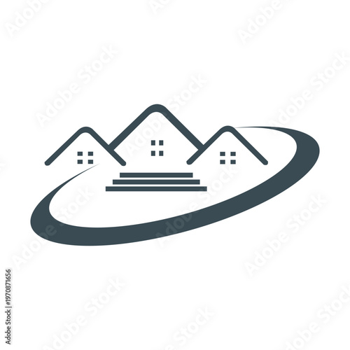 Mountain rooftops housing community logo with dynamic swoosh ring