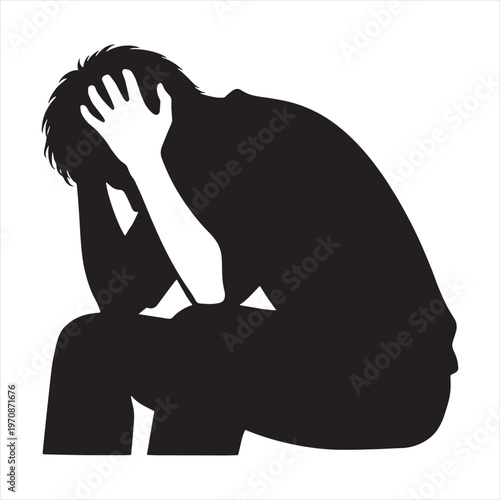 A black silhouette of a man sitting with his hand on his forehead