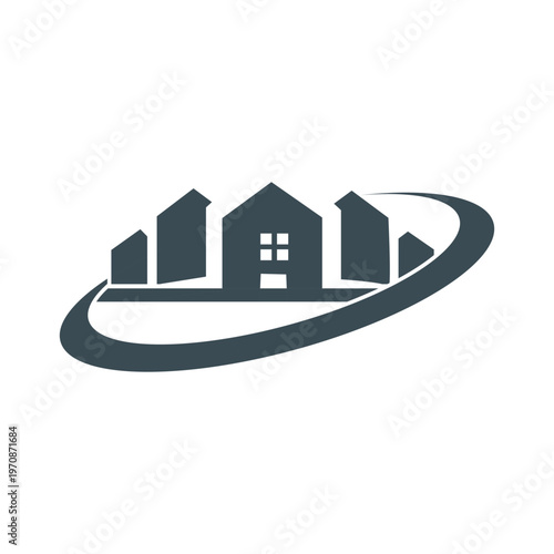 Urban real estate cityscape logo with protective ring design