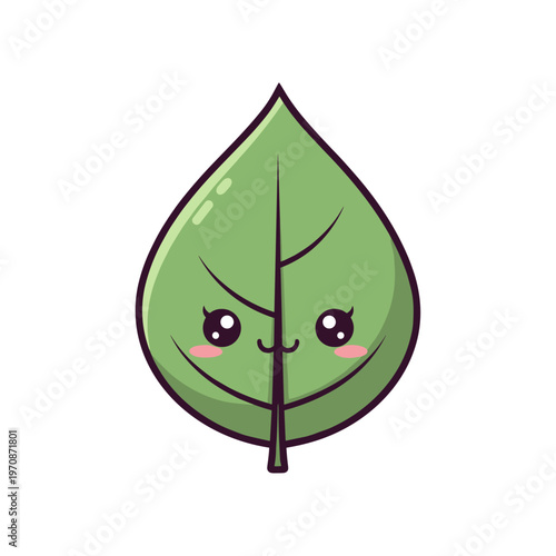 Cute green leaf character with a smiling face and big eyes  