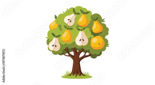 Cartoon Pear Tree Illustration with Whole and Sliced Fruits