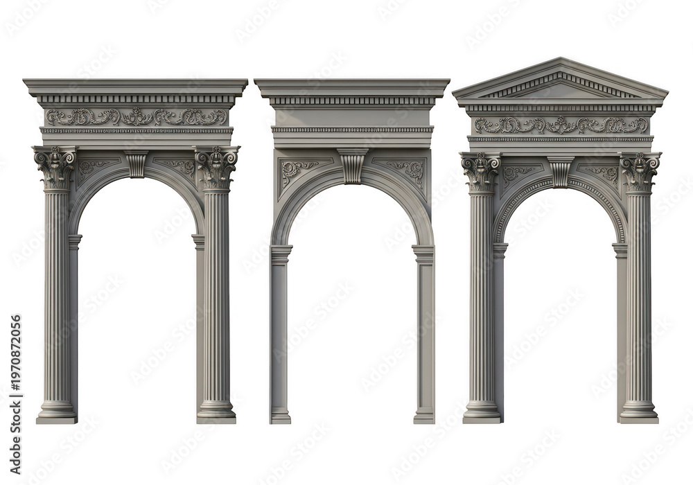 Obraz premium A collection of three ornate classical architectural archways featuring decorative stone pillars