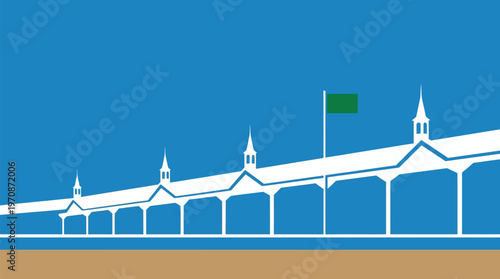 A minimalist illustration of a long white pier or covered walkway with multiple peaked roofs and a green flag against a blue sky and brown ground.