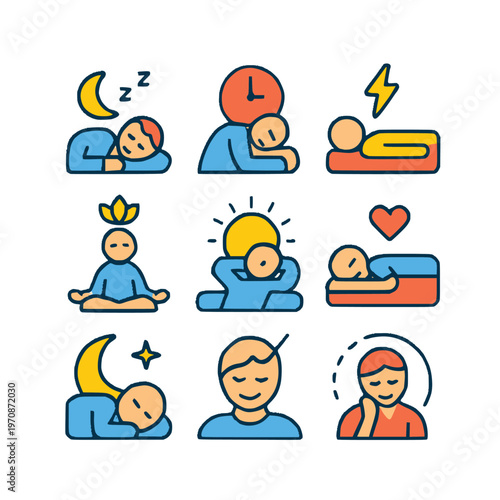 Sleep Routine Flat Icon Set, Relaxation and Night Lifestyle Vector
