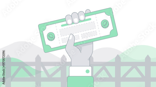 A stylized illustration of a hand in a suit holding up a green banknote or certificate against a light background with a fence.