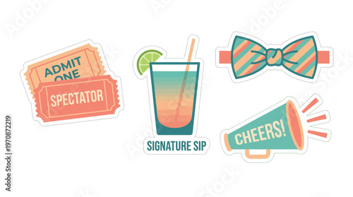 A collection of event-themed stickers including admission tickets, a signature cocktail, a bow tie, and a megaphone with 'Cheers!' text.