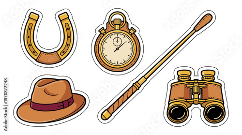 Collection of equestrian and adventure-themed items including a horseshoe, stopwatch, riding crop, fedora hat, and binoculars.