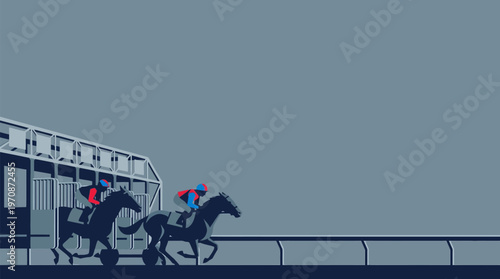 Two jockeys on horses burst out of a starting gate at the beginning of a horse race, depicted in a minimalist illustration.