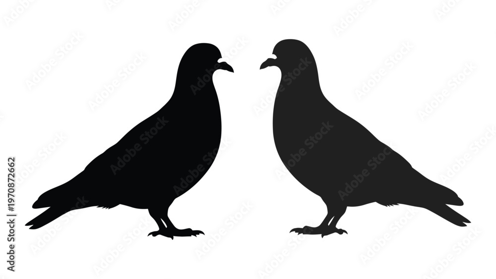 Fototapeta premium Two pigeons facing each other in a stark black silhouette illustration