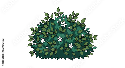 Hand Drawn Illustration of a Lush Green Flowering Bush