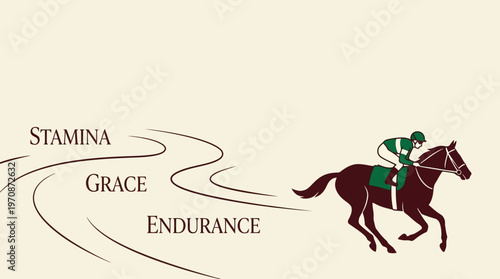 A racehorse and jockey galloping on a track with words stamina, grace, and endurance depicted in a dynamic illustration.