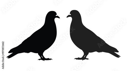Two pigeons facing each other in a stark black silhouette illustration