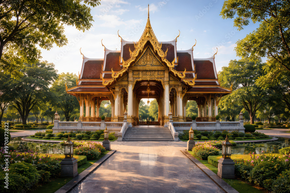 Obraz premium A beautiful traditional pavilion surrounded by lush greenery and pathways.