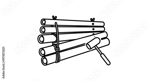 Bamboo xylophone with mallet, traditional musical instrument, outline drawing
