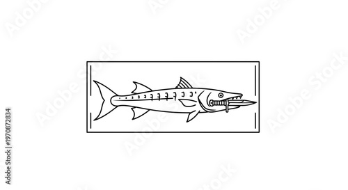 Barracuda Fish with Knife in Mouth, Line Art Illustration