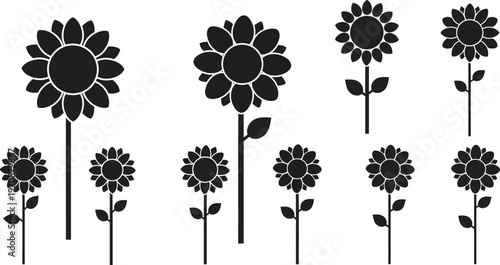 Collection of black silhouette sunflowers with stems and leaves on a white background
