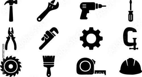 A vector illustration set of hand tools and steel equipment icons featuring a black metal handgun silhouette sign and industrial computer power symbols