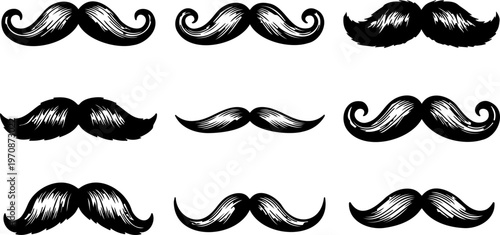 Vintage vector set of black and white mustache and hair silhouettes featuring retro facial art and funny cartoon beard icons for men's fashion style