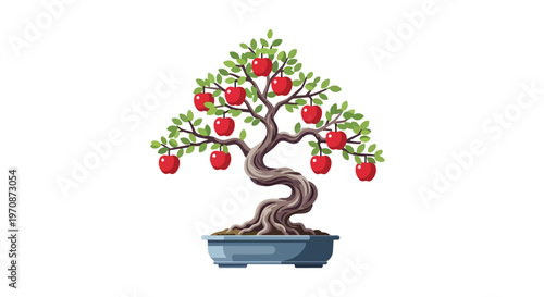 Stylized Bonsai Apple Tree Illustration in Ceramic Pot