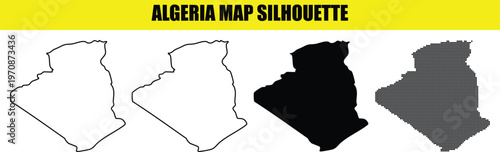 Algeria map silhouette template set with four visual options including outline solid fill and dotted grid style.