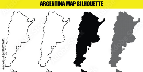 Argentina map silhouette graphics featuring multiple styles such as outline solid black and halftone dot matrix.