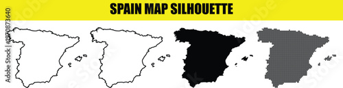 Spain map silhouette vector illustration set with detailed political boundaries for geography and travel concepts.