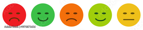 Colorful feedback emoji faces, emoticons ranging from happy to sad, for surveys, rating systems, user feedback, and UI elements as a rating scale or for collecting feedback on satisfaction and mood.