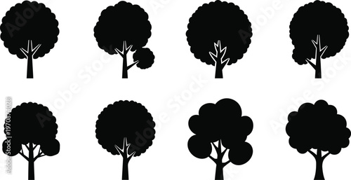 Collection of eight black silhouette trees with varied foliage shapes and trunk structures nature plant
