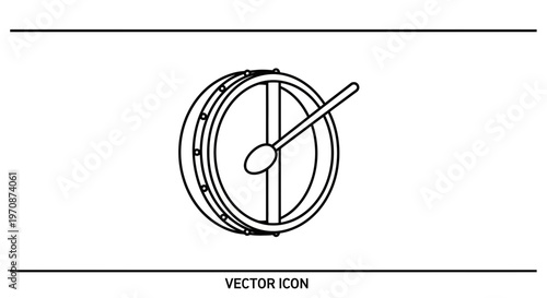 Bodhrán Drum Icon: Traditional Irish Musical Instrument with Beater, Vector Outline