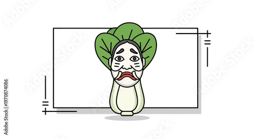 Bok Choy Vegetable Character with Traditional Japanese Mask and Green Leaves
