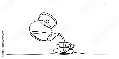 A minimalist single line drawing of a teapot pouring hot beverage into a small ceramic tea cup Vector, illustration