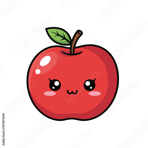 Cartoon style red apple with cute face and green leaf  