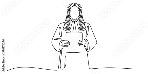 A single continuous line drawing of a judge wearing a traditional wig and robe holding a document Vector, illustration